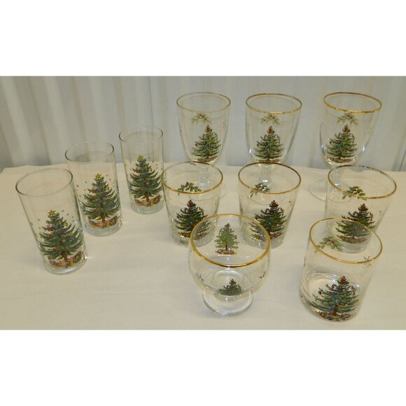 Spode Christmas Tree Goblet Set Of 3 Gold Rim 7" Footed Vintage Holiday Glasses - Picture 14 of 14